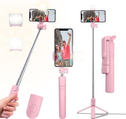 Selfie Stick Tripod, 40in Retractable Phone Tripod with Wireless Remote Control & Light, Portable Selfie Stick Tripod for Photograph, Video Recording, Compatible with All Cellphones (Pink) 